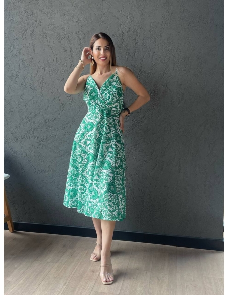 Yeşil Desenli Sırt Detaylı Elbise