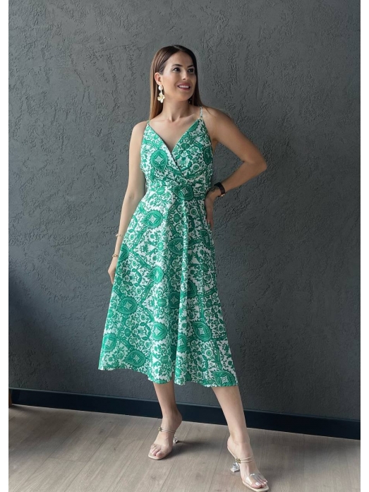 Yeşil Desenli Sırt Detaylı Elbise