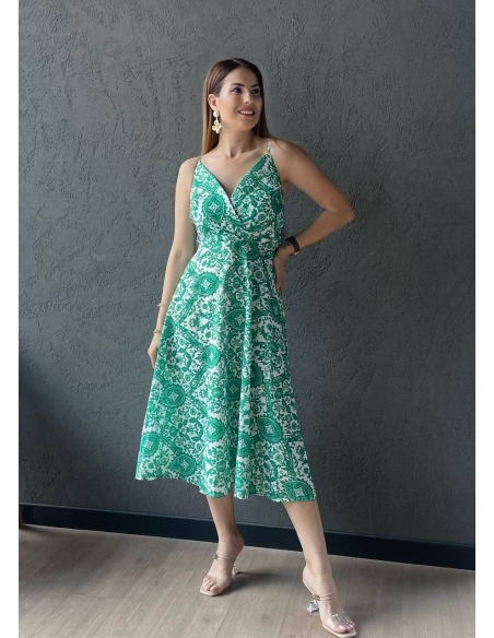 Yeşil Desenli Sırt Detaylı Elbise
