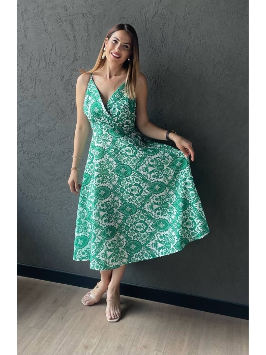 Yeşil Desenli Sırt Detaylı Elbise