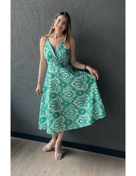 Yeşil Desenli Sırt Detaylı Elbise