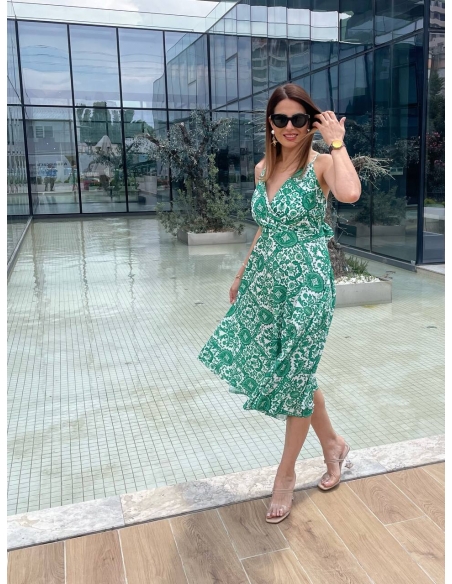 Yeşil Desenli Sırt Detaylı Elbise