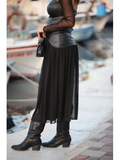 Deri Kolları Tül Siyah Elbise 2