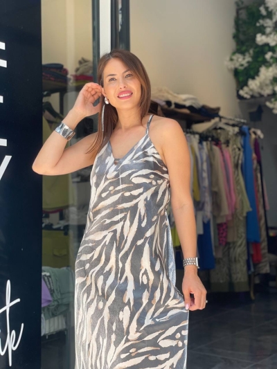 Antrasit Askılı Saten Elbise 2