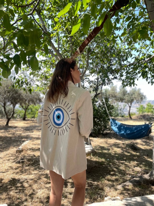 Premium Seri Göz Detaylı  Pamuk Keten Yazlık Blazer