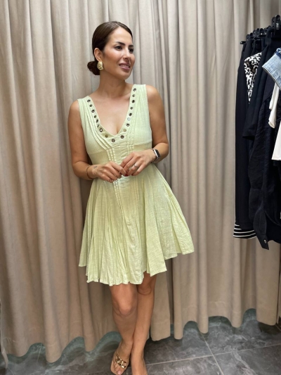 Lüx Kalite Mint Yeşili Keten Çan Elbise 2