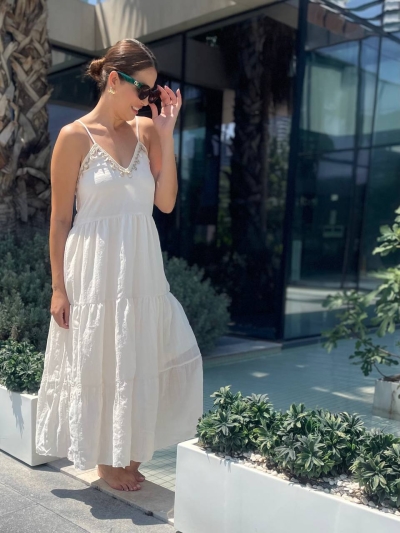 Ekru İnce Askılı V Yaka Keten Elbise 2